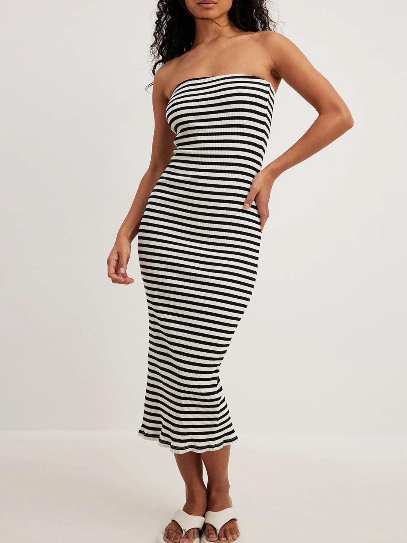 Slit Back Striped Strapless Bodycon Midi Dress.
