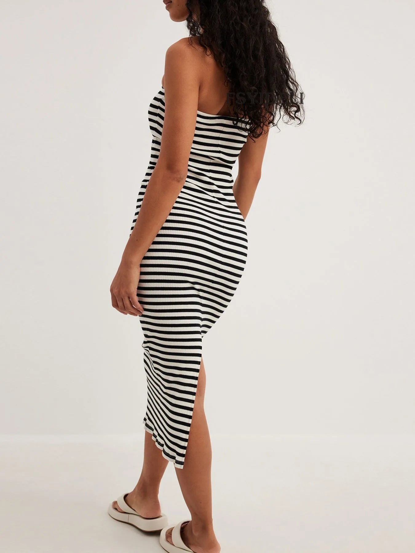 Slit Back Striped Strapless Bodycon Midi Dress.