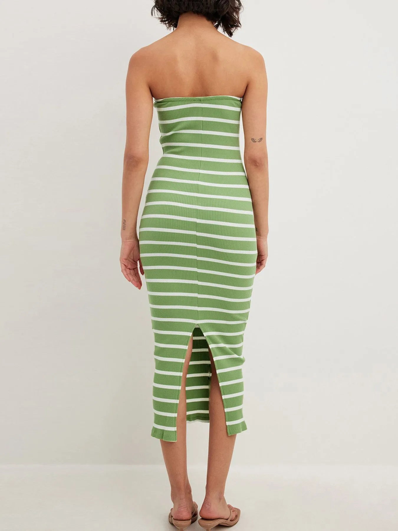 Slit Back Striped Strapless Bodycon Midi Dress.