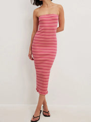Slit Back Striped Strapless Bodycon Midi Dress.