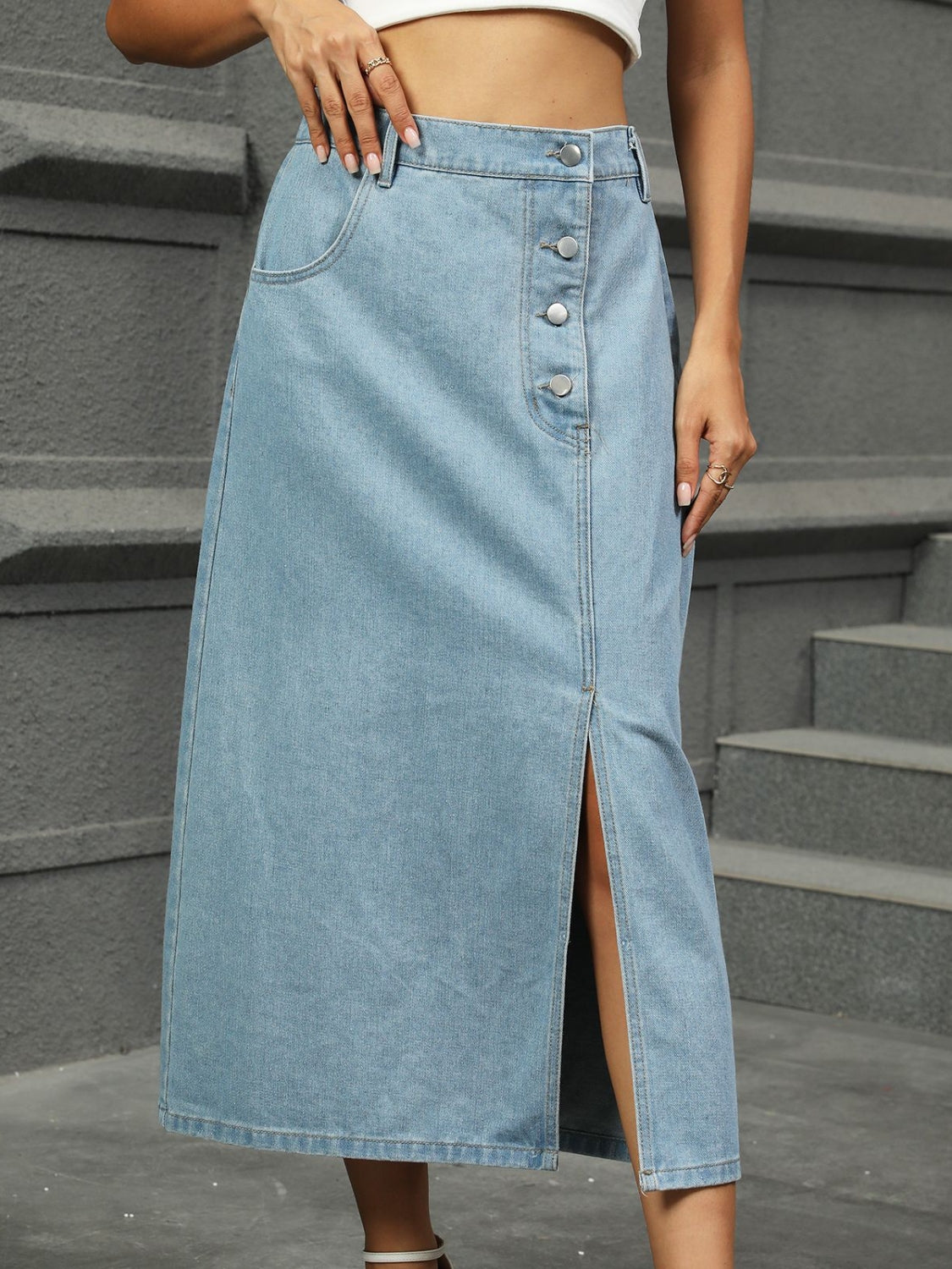 Slit Button Detail Denim Midi Skirt.