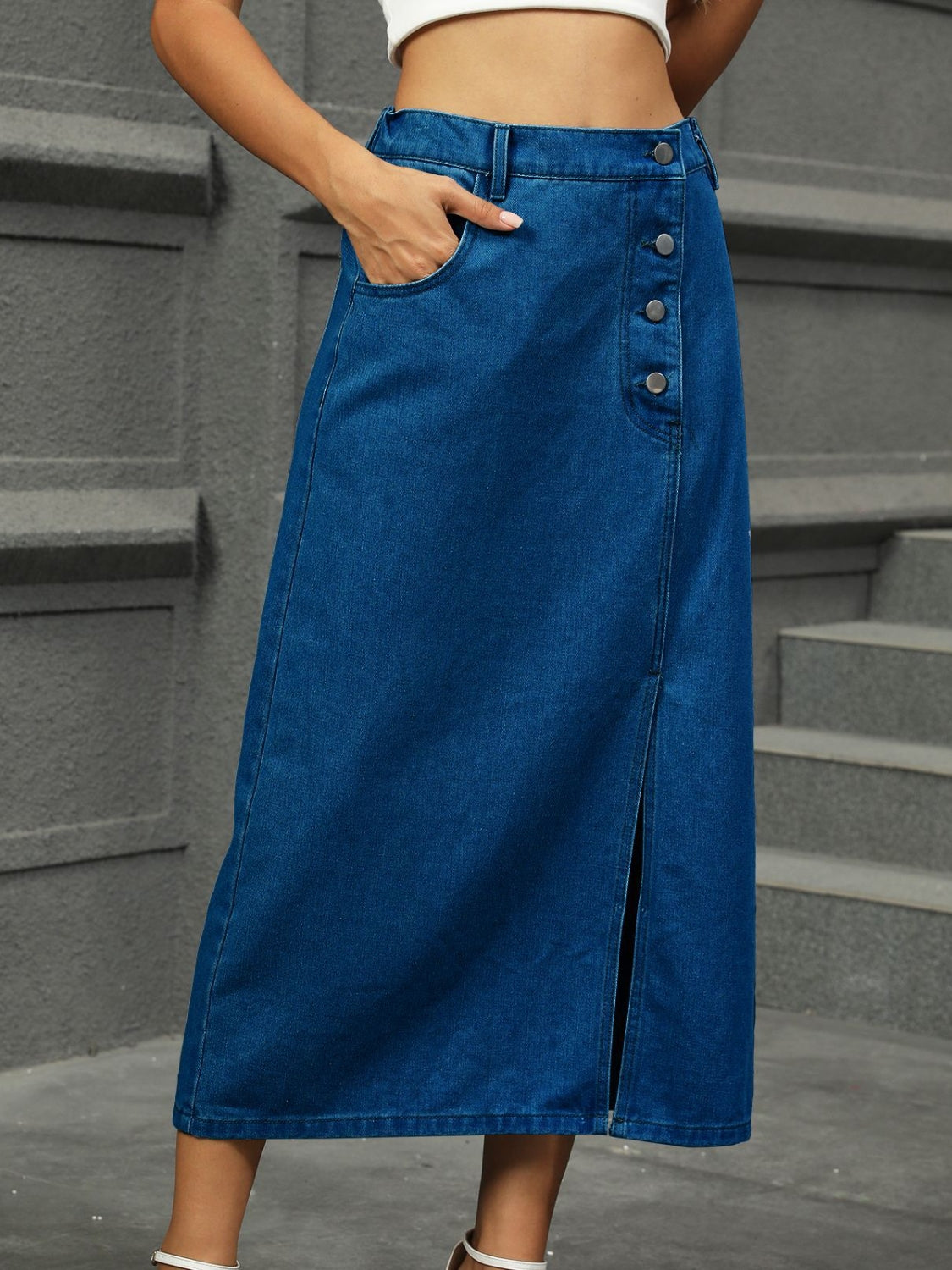 Slit Button Detail Denim Midi Skirt.