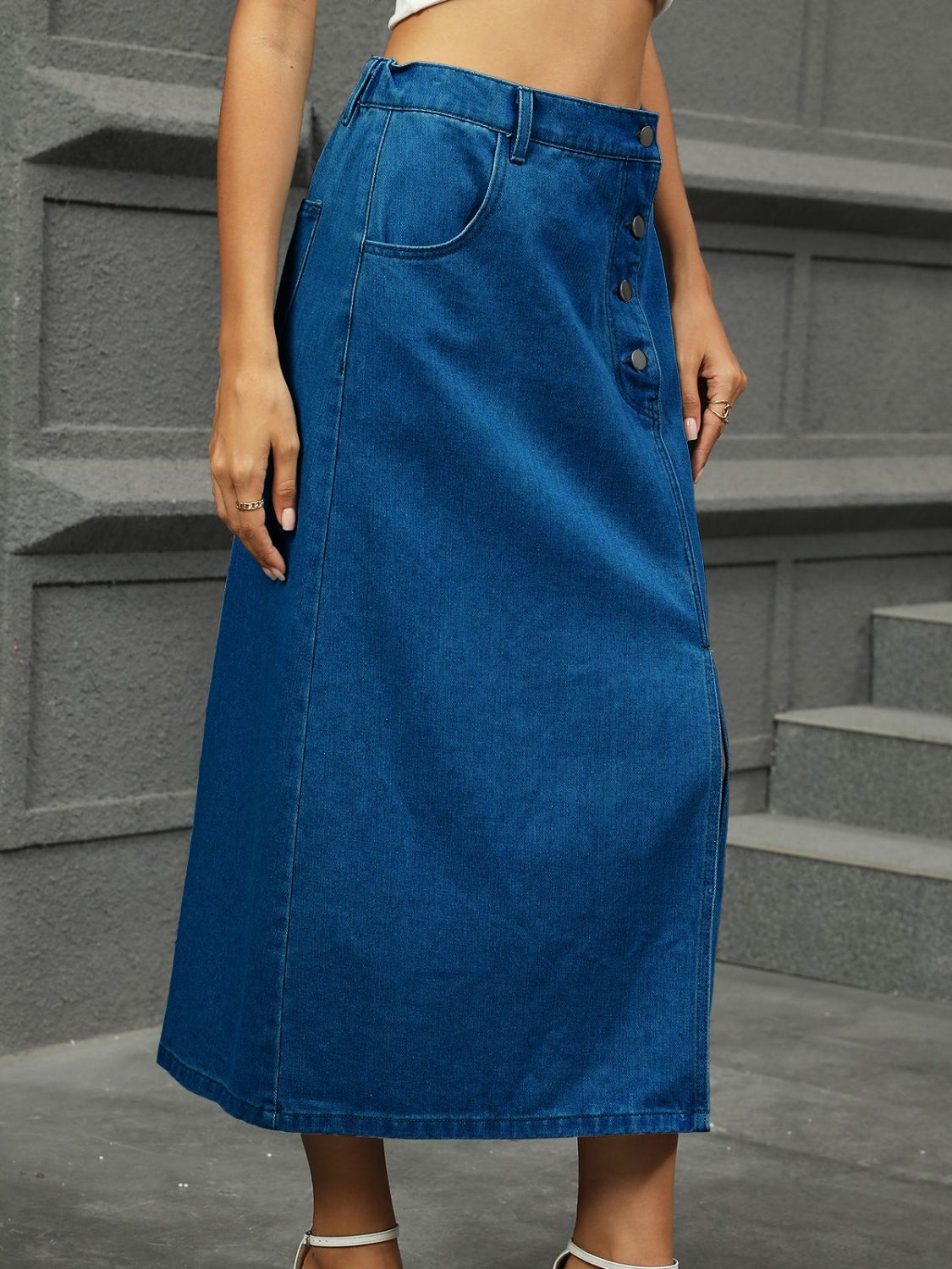 Slit Button Detail Denim Midi Skirt.