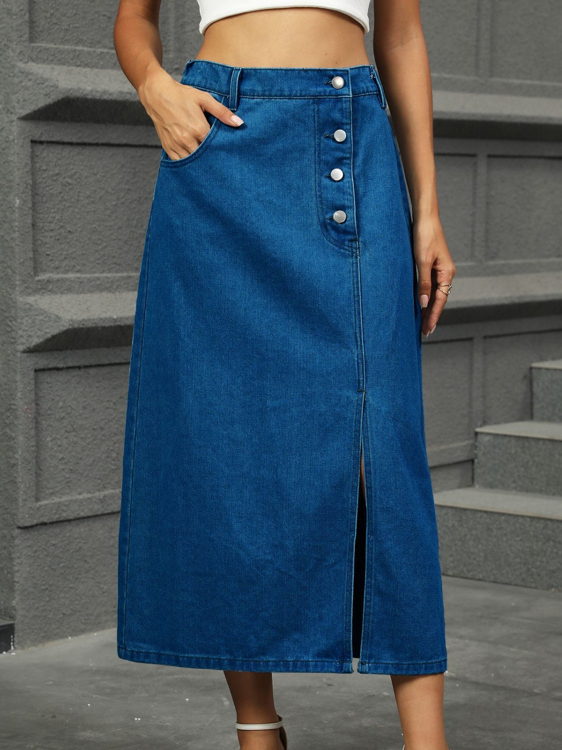 Slit Button Detail Denim Midi Skirt.
