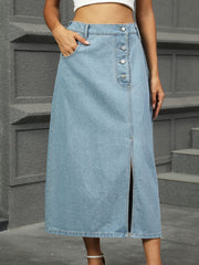 Slit Button Detail Denim Midi Skirt.