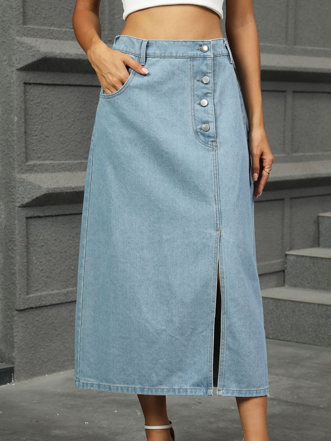 Slit Button Detail Denim Midi Skirt.