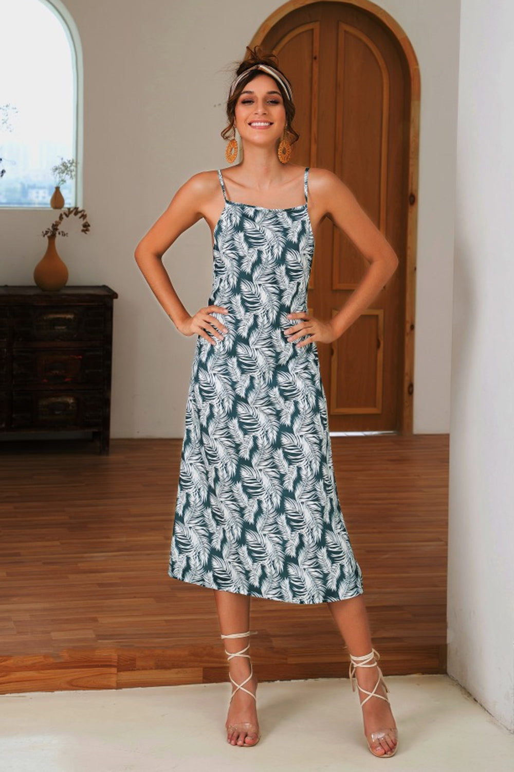 Slit Crisscross Printed Sleeveless Cami Dress.