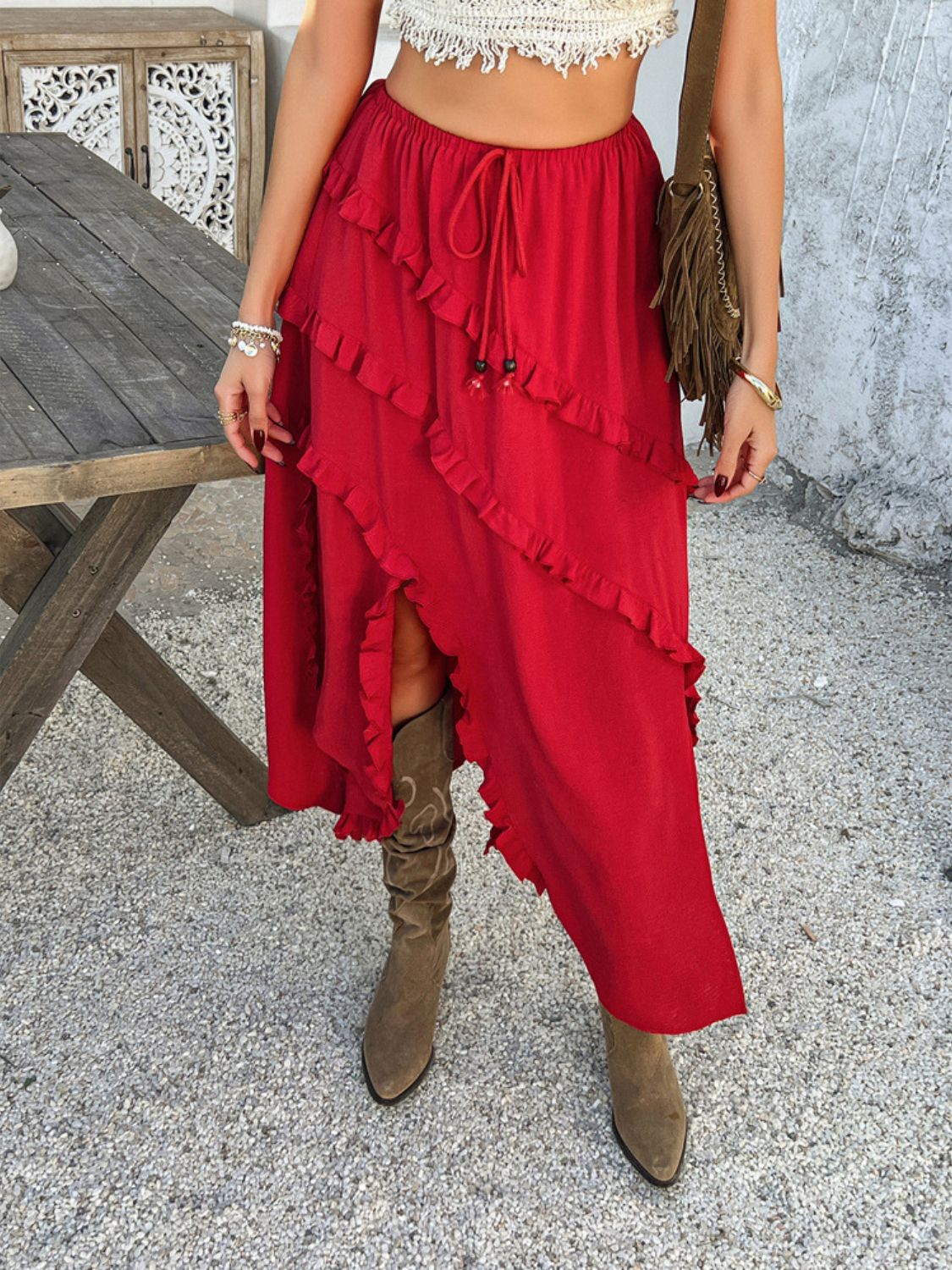 Devine Slit Drawstring Ruffled Skirt.