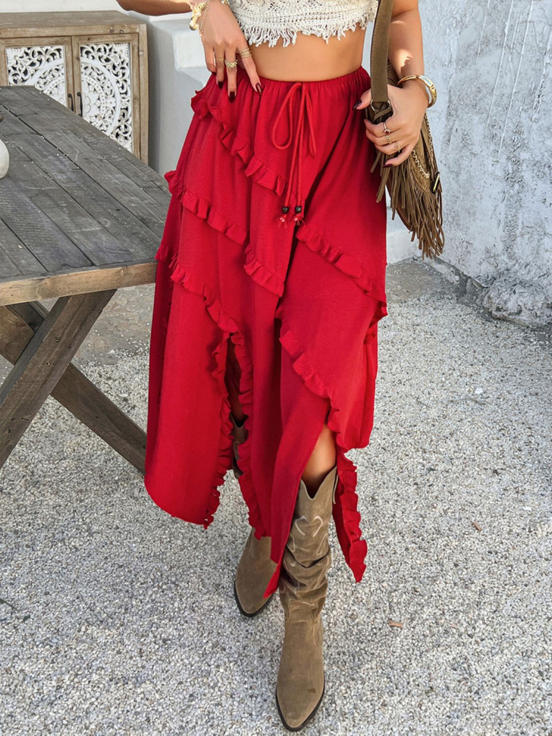 Devine Slit Drawstring Ruffled Skirt.