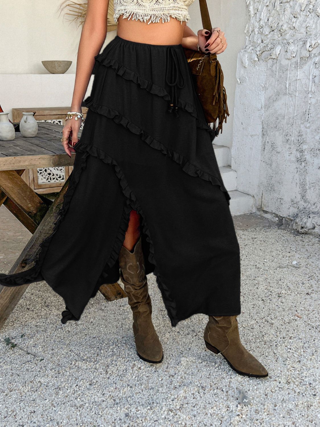 Devine Slit Drawstring Ruffled Skirt.