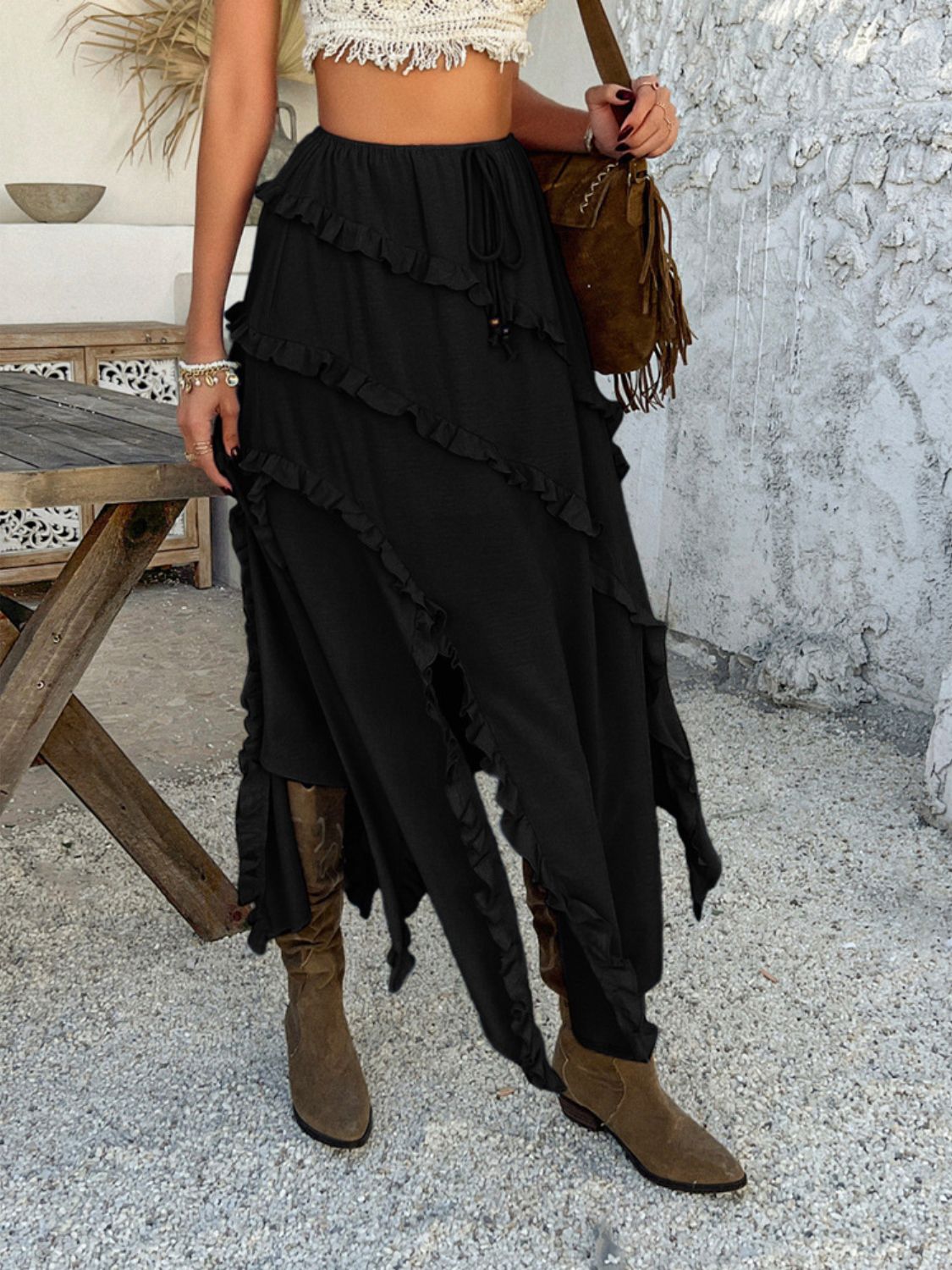 Devine Slit Drawstring Ruffled Skirt.