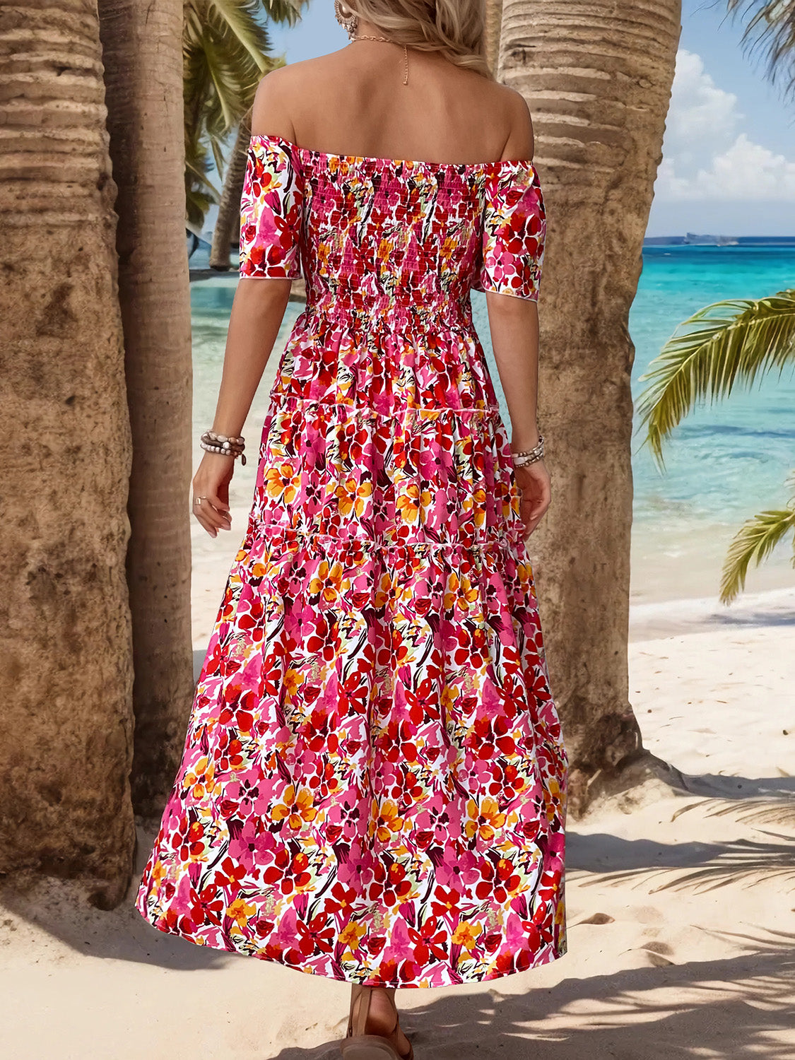 Perfee Slit Floral Off-Shoulder Short Sleeve Dress.