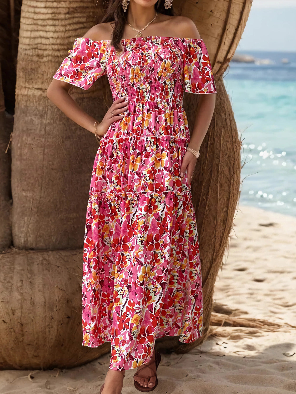 Perfee Slit Floral Off-Shoulder Short Sleeve Dress.