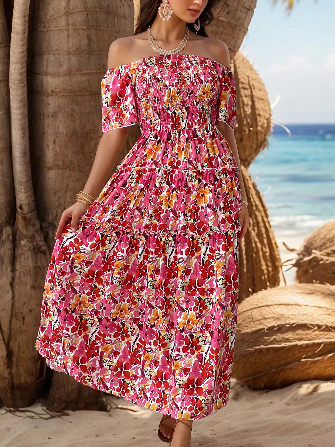 Perfee Slit Floral Off-Shoulder Short Sleeve Dress.