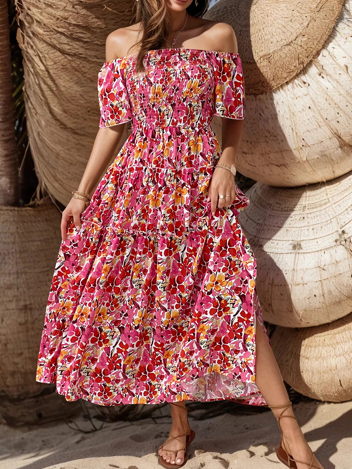 Perfee Slit Floral Off-Shoulder Short Sleeve Dress.