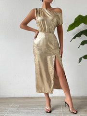 Honey Slit One Shoulder Short Sleeve Midi Dress.