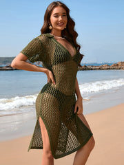 Slit Openwork Johnny Collar Short Sleeve Cover-Up.