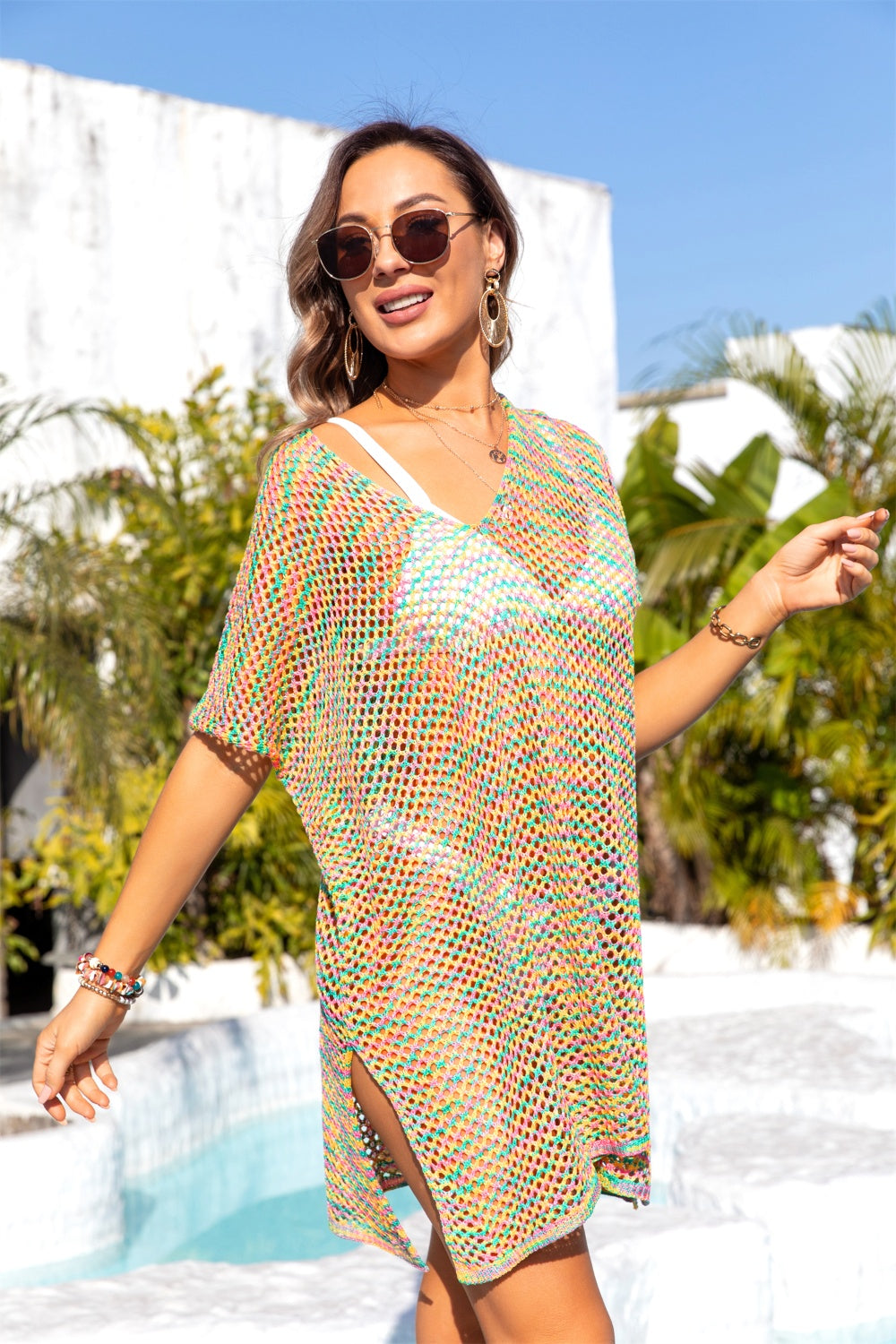 Angel Wings Slit Openwork V-Neck Short Sleeve Cover Up.