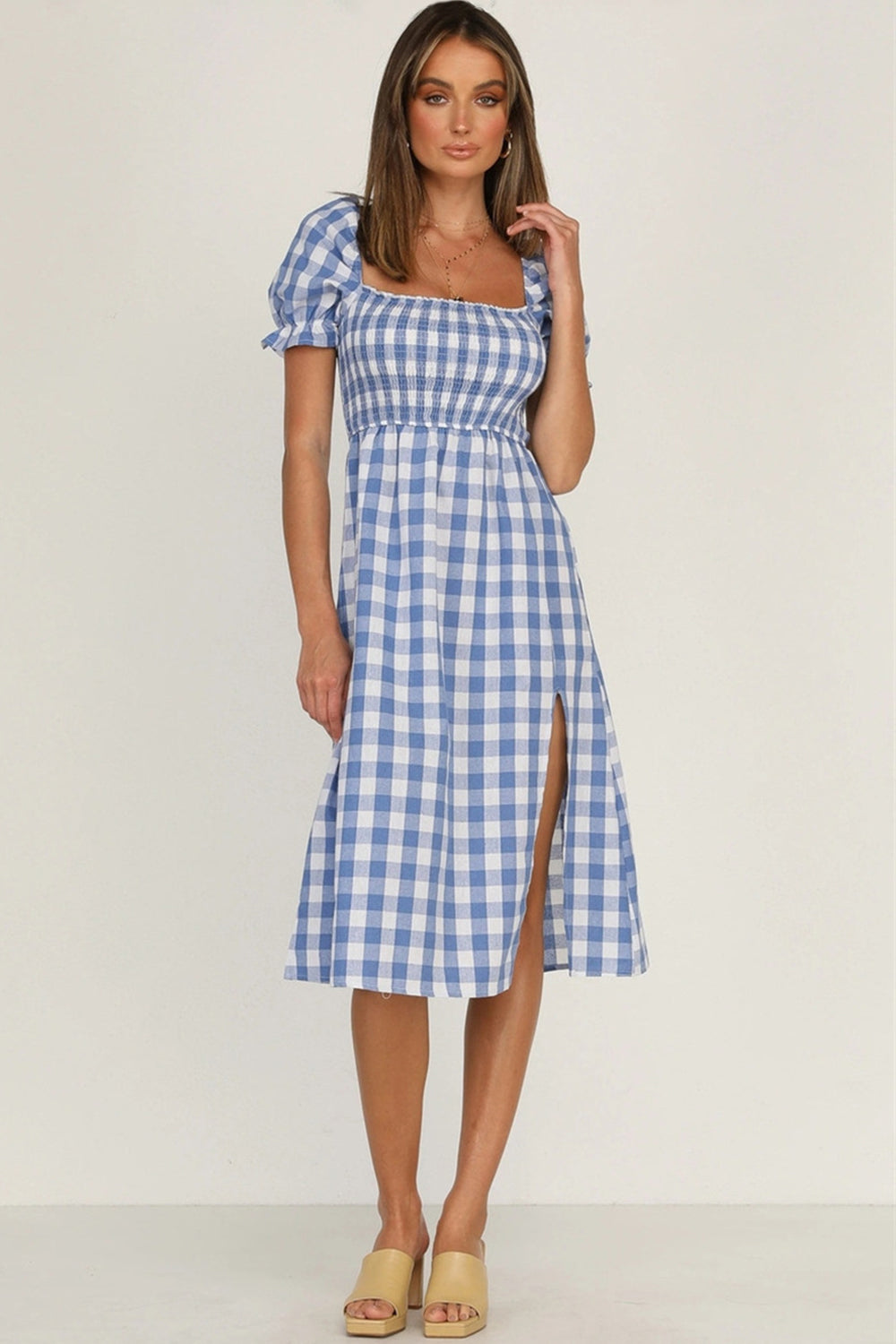 Full Size Slit Plaid Short Sleeve Midi Dress.