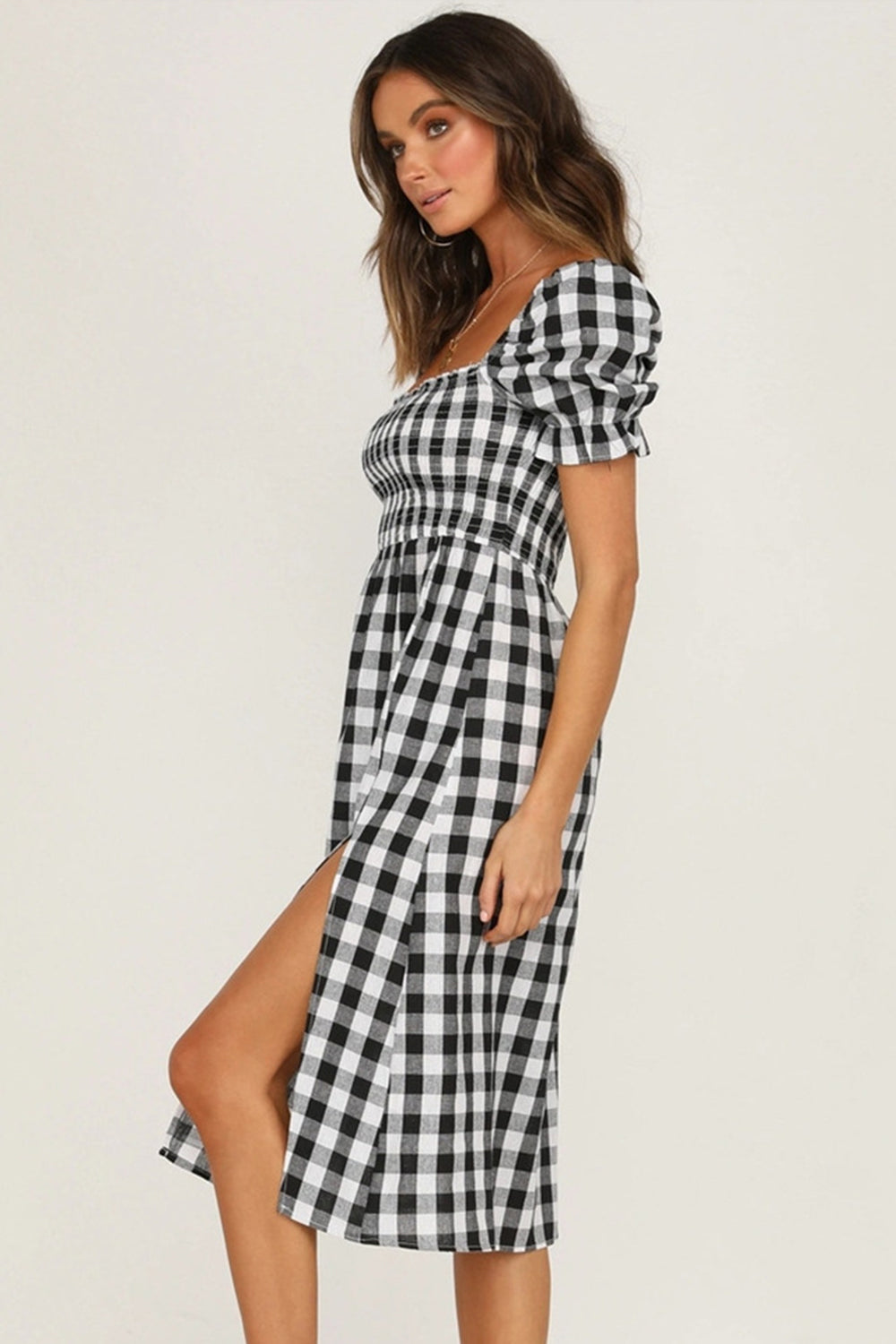 Full Size Slit Plaid Short Sleeve Midi Dress.