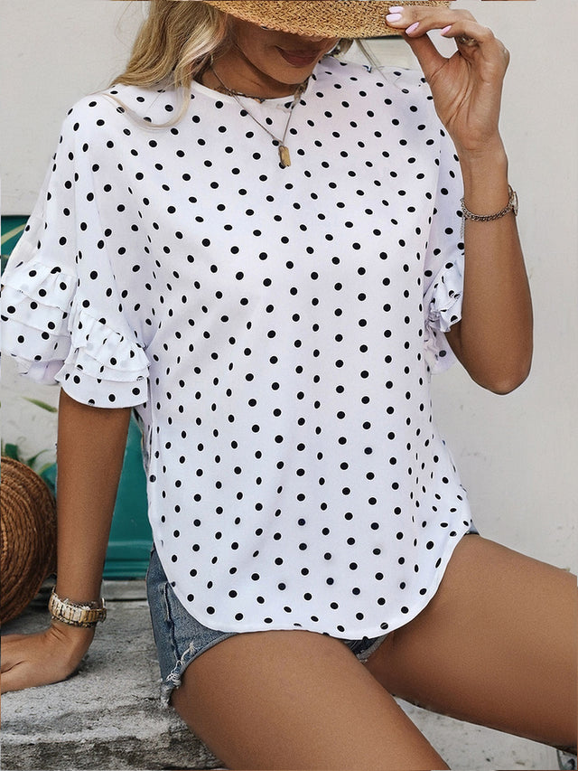 Perfee Slit Polka Dot Round Neck Half Sleeve Blouse.