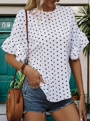 Perfee Slit Polka Dot Round Neck Half Sleeve Blouse.