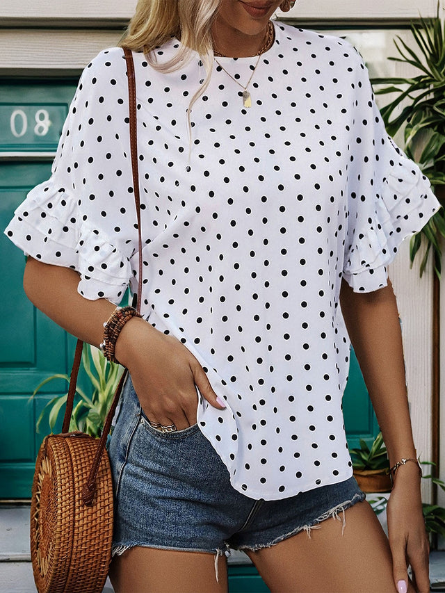 Perfee Slit Polka Dot Round Neck Half Sleeve Blouse.