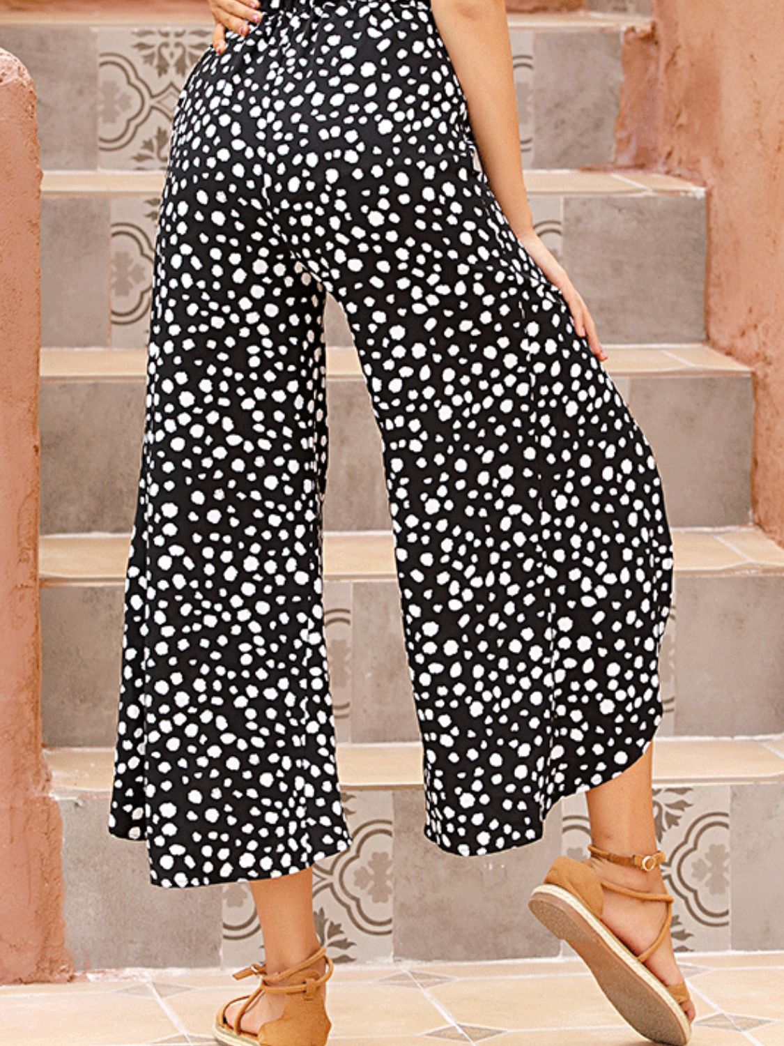 Slit polka dot wide leg pants, opaque.