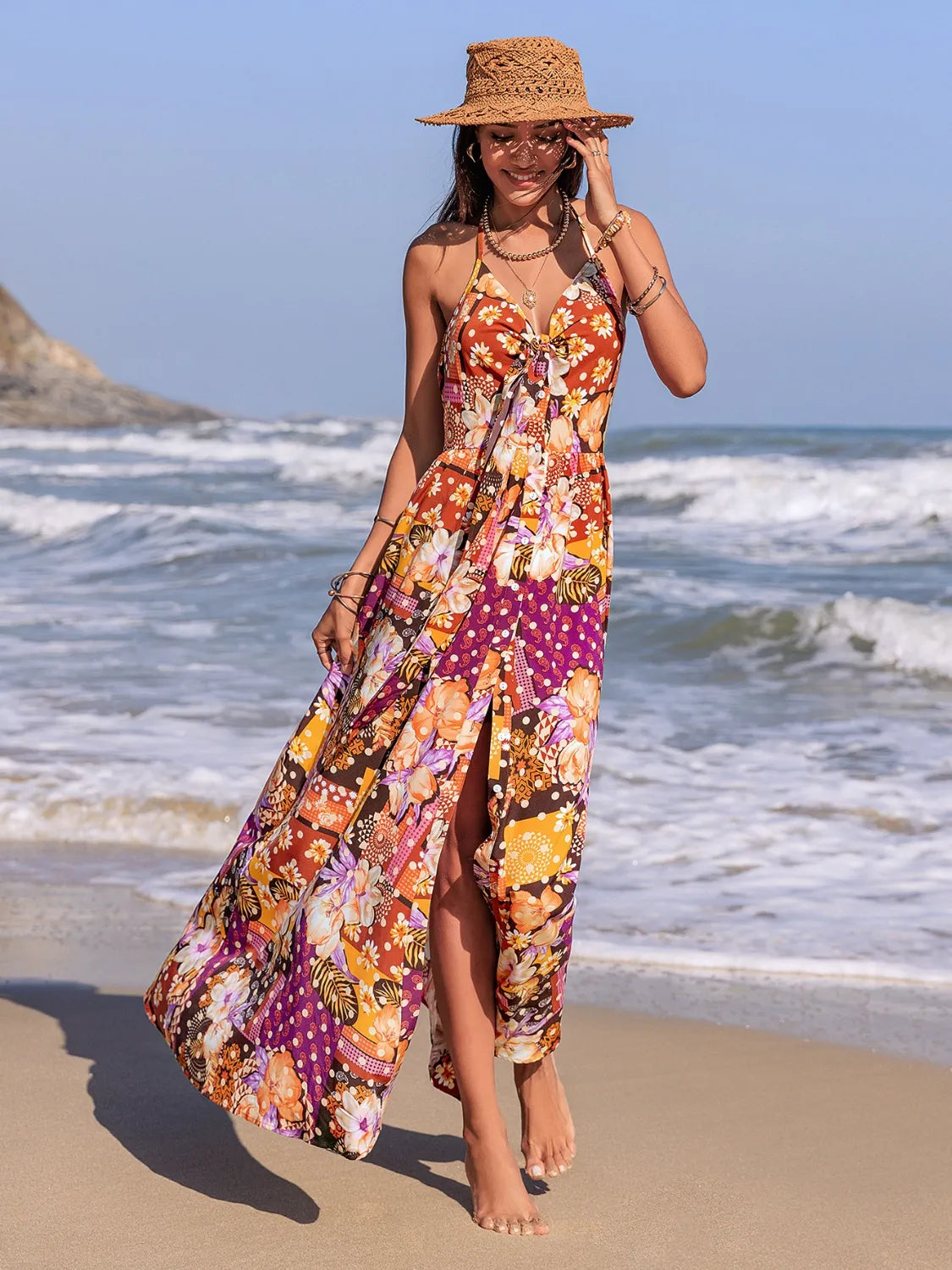 Slit Printed Halter Neck Cami Dress.