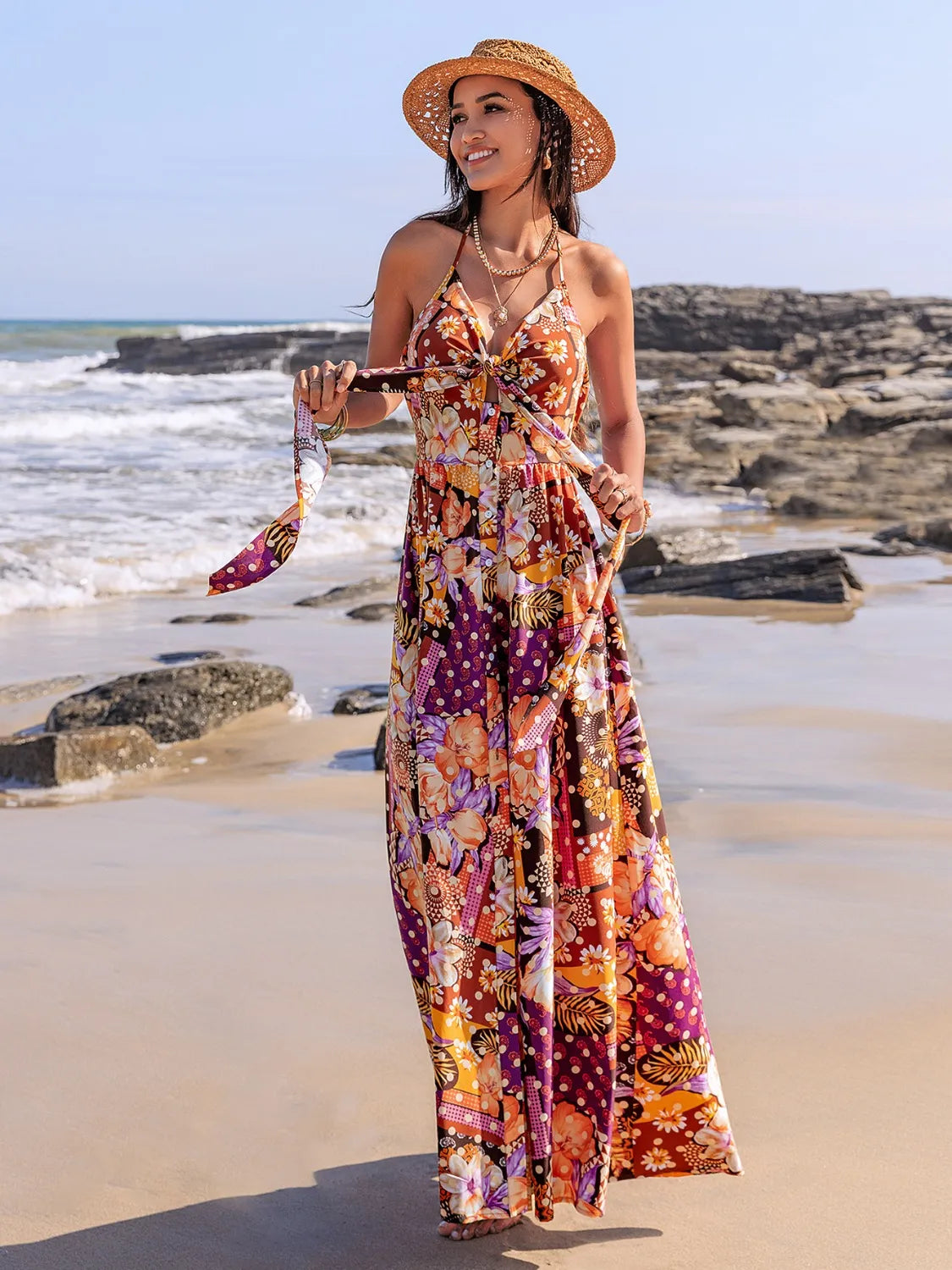 Slit Printed Halter Neck Cami Dress.