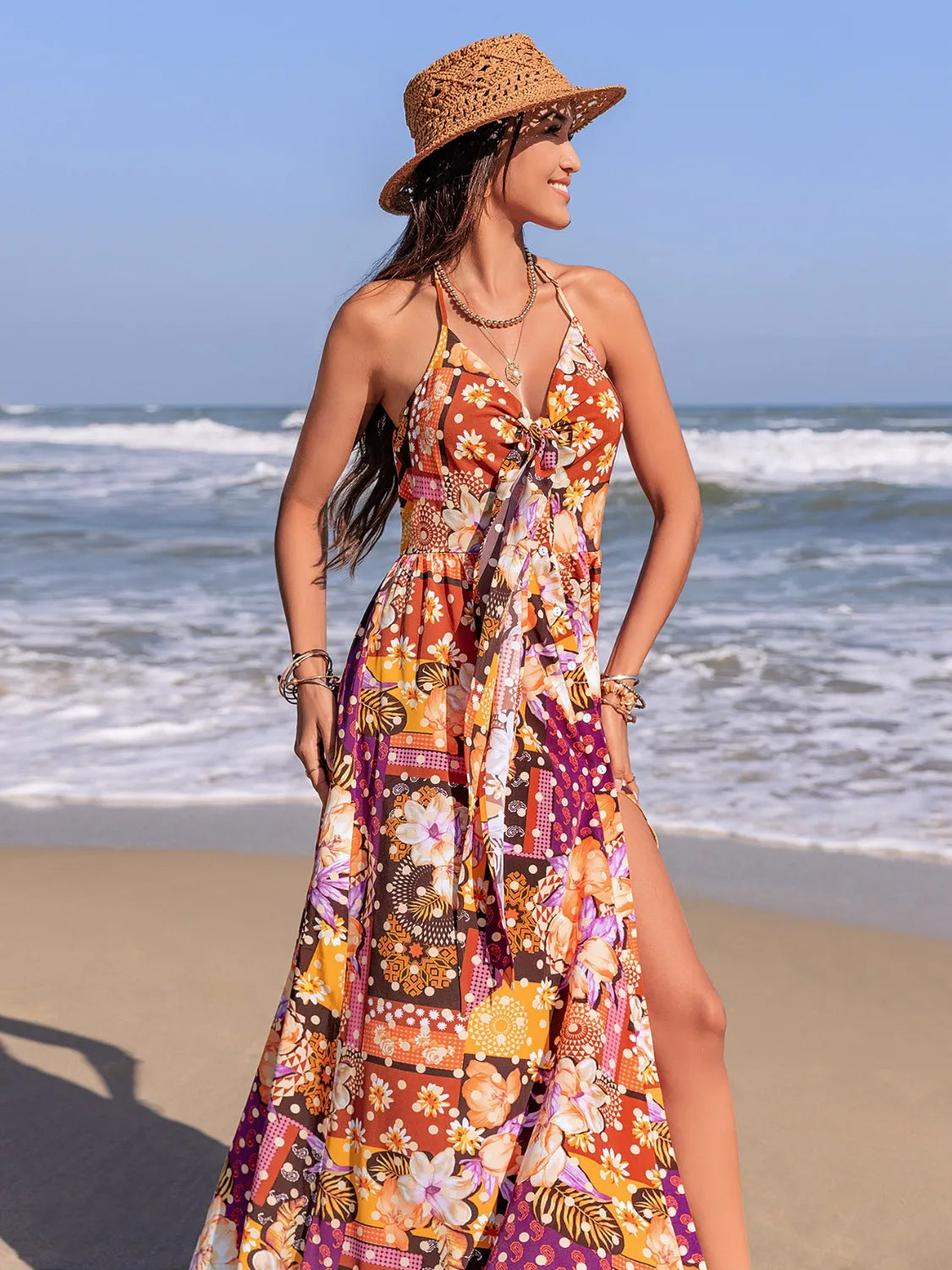 Slit Printed Halter Neck Cami Dress.
