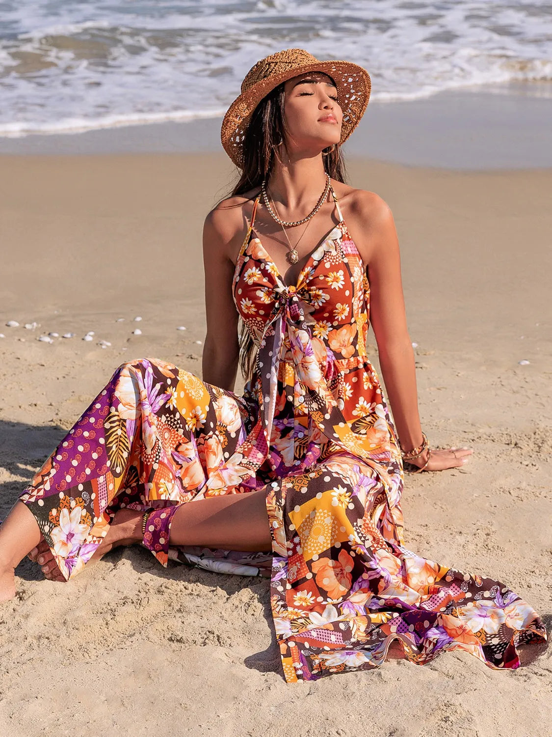 Slit Printed Halter Neck Cami Dress.