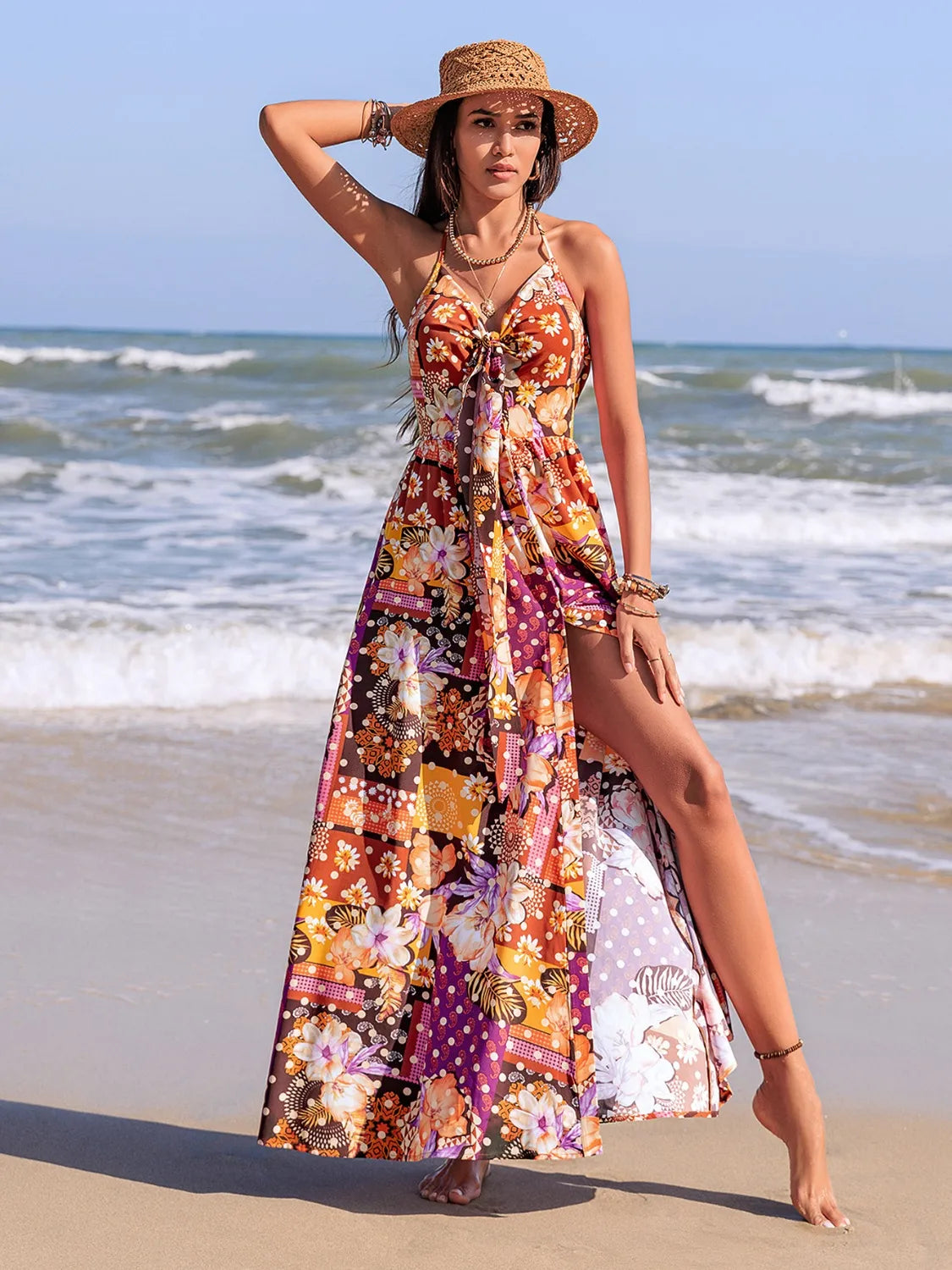 Slit Printed Halter Neck Cami Dress.