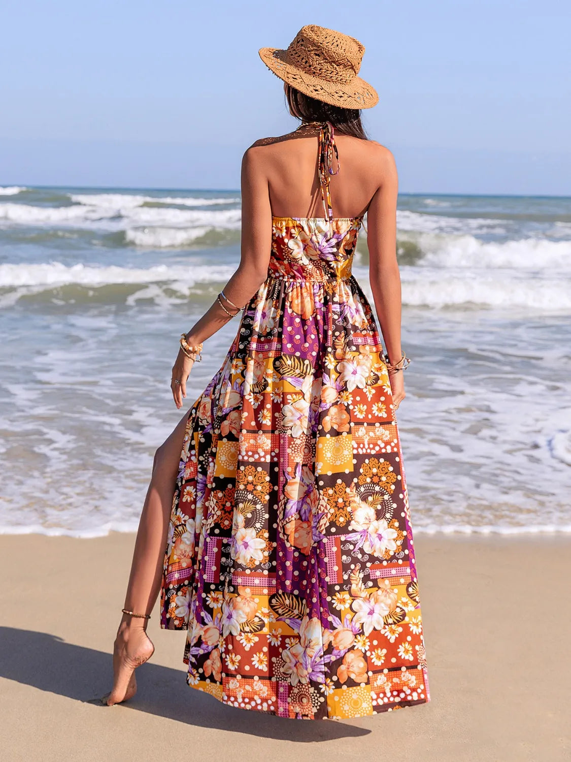 Slit Printed Halter Neck Cami Dress.