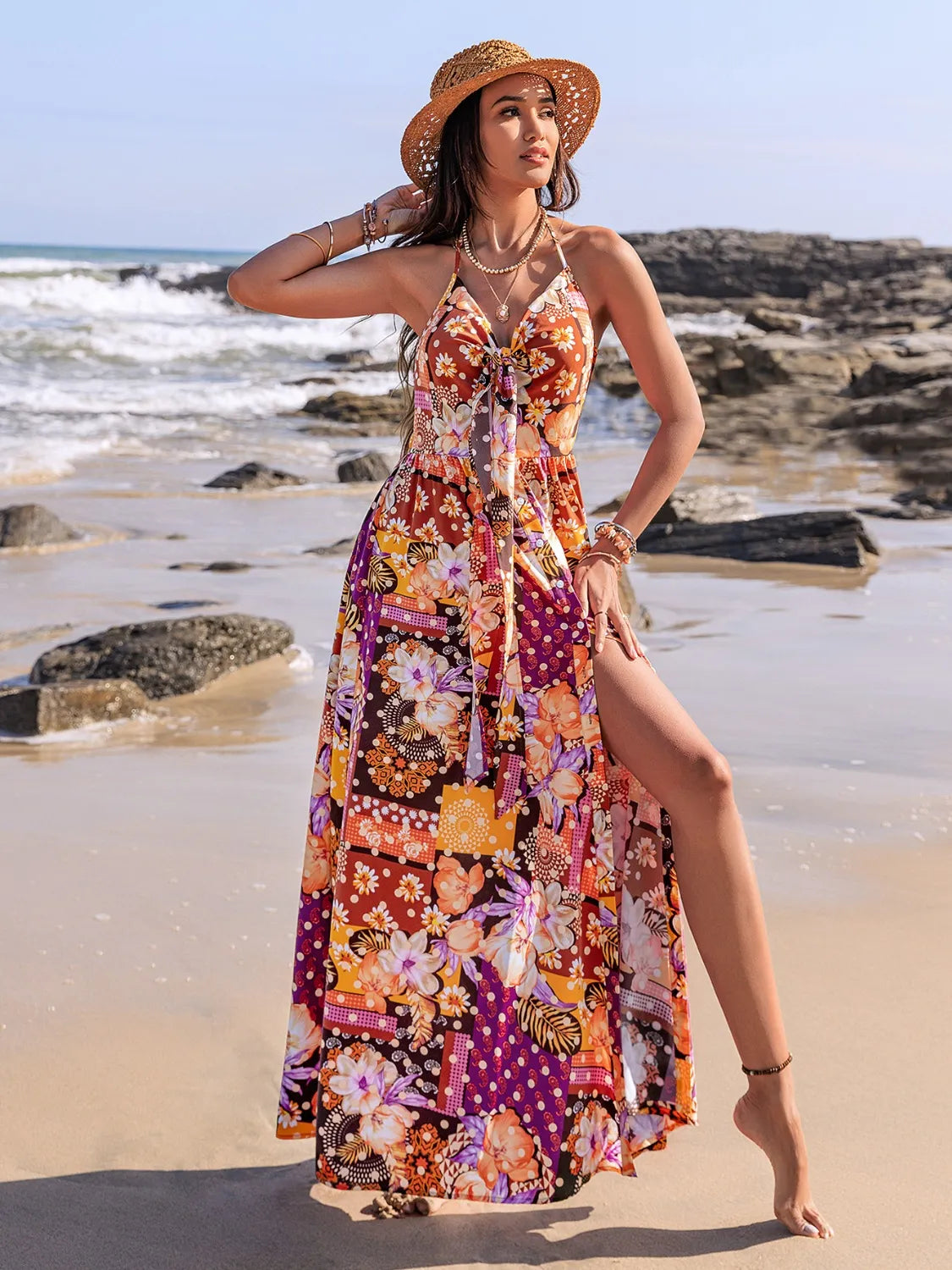 Slit Printed Halter Neck Cami Dress.