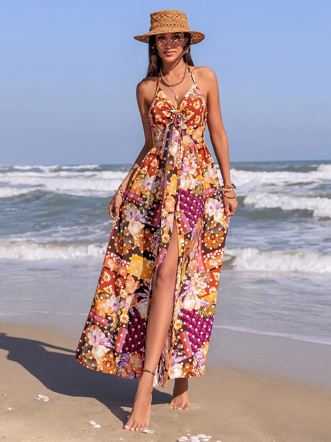 Slit Printed Halter Neck Cami Dress.