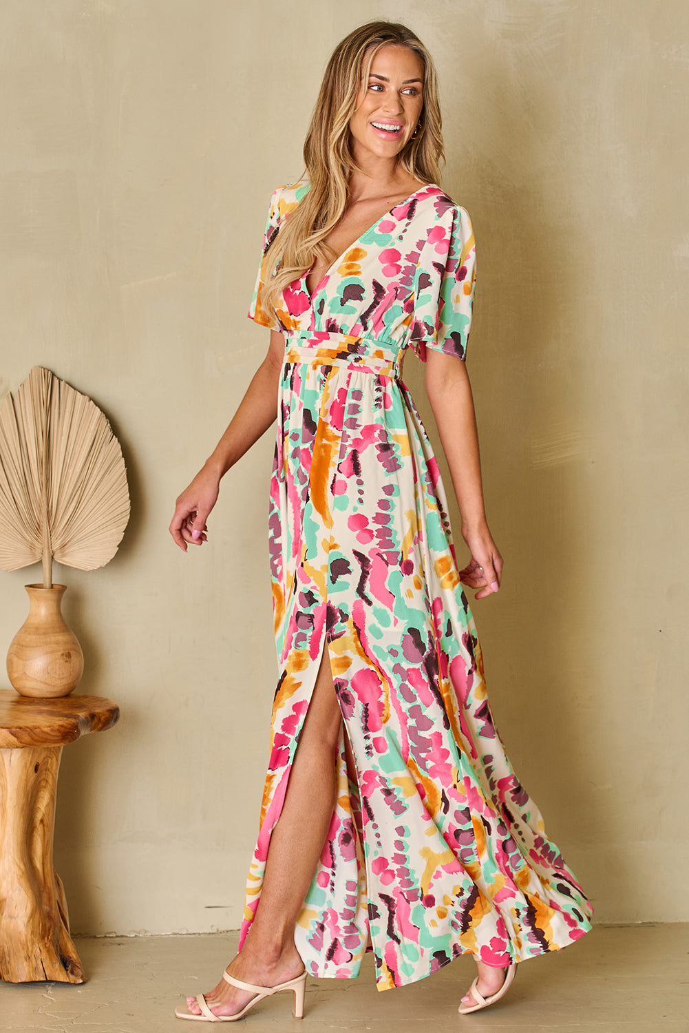 Slit Printed Surplice Short Sleeve Maxi Dress.