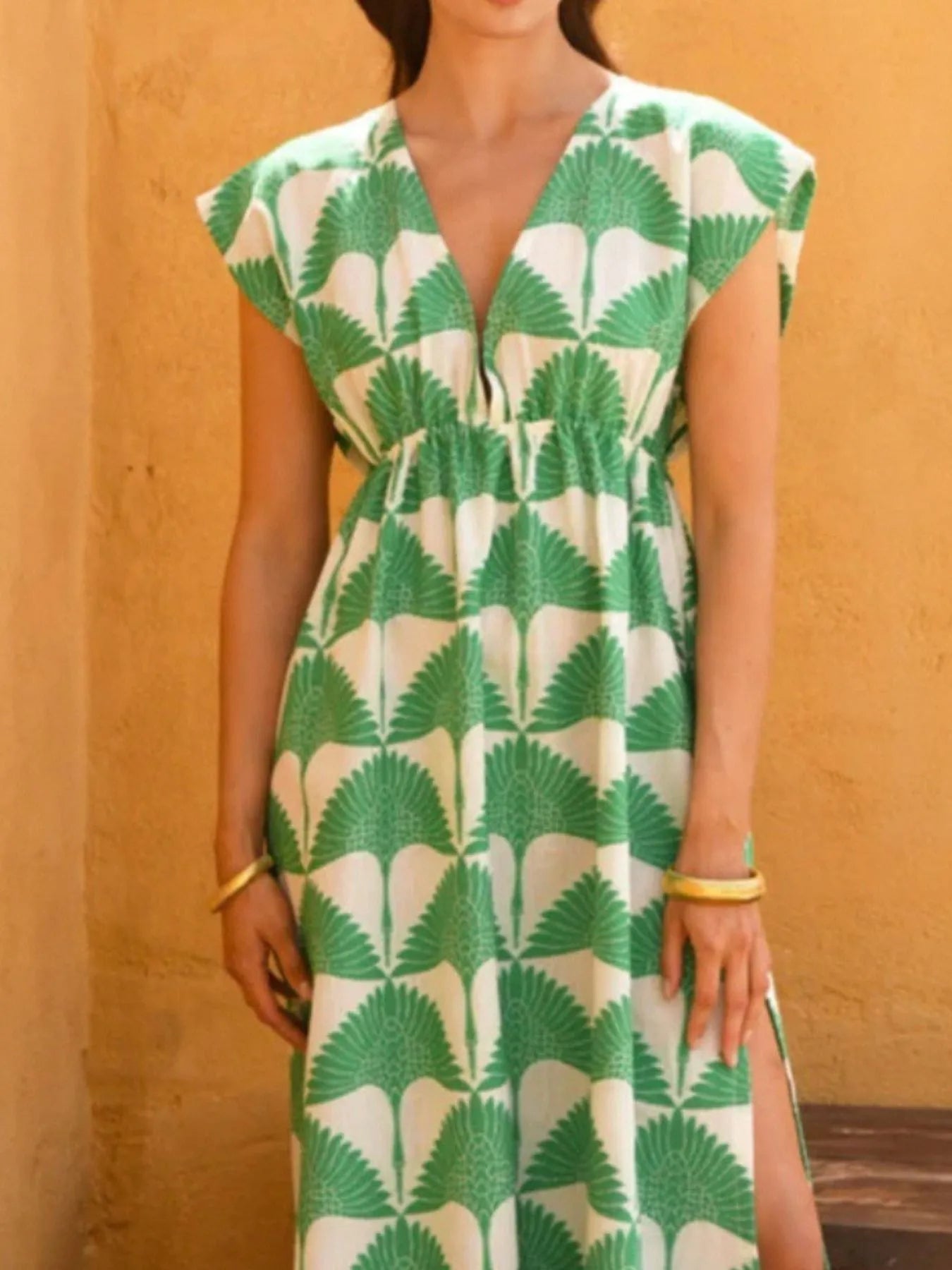 Slit Printed V-Neck Cap Sleeve Maxi Dress.