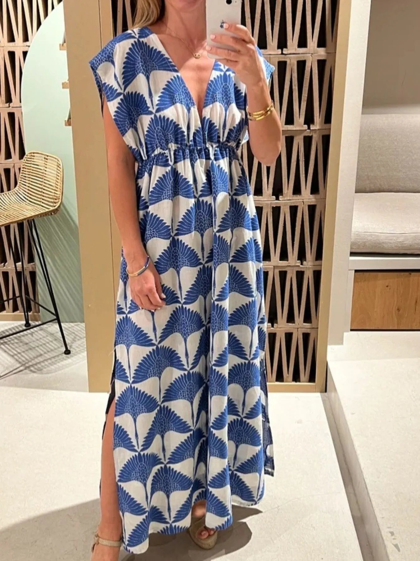 Slit Printed V-Neck Cap Sleeve Maxi Dress.