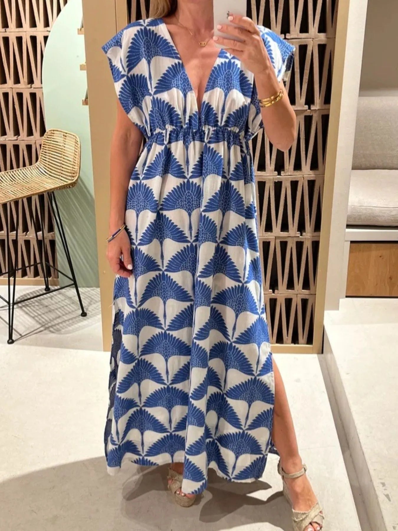 Slit Printed V-Neck Cap Sleeve Maxi Dress.