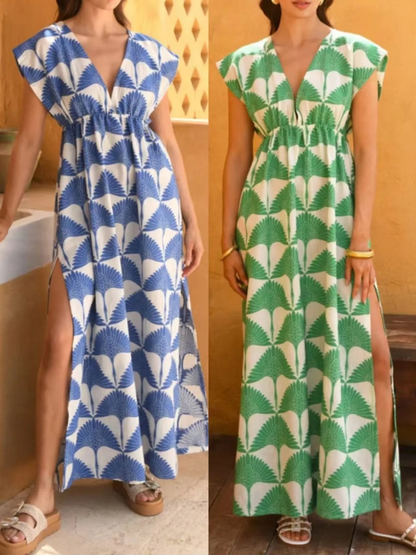 Slit Printed V-Neck Cap Sleeve Maxi Dress.