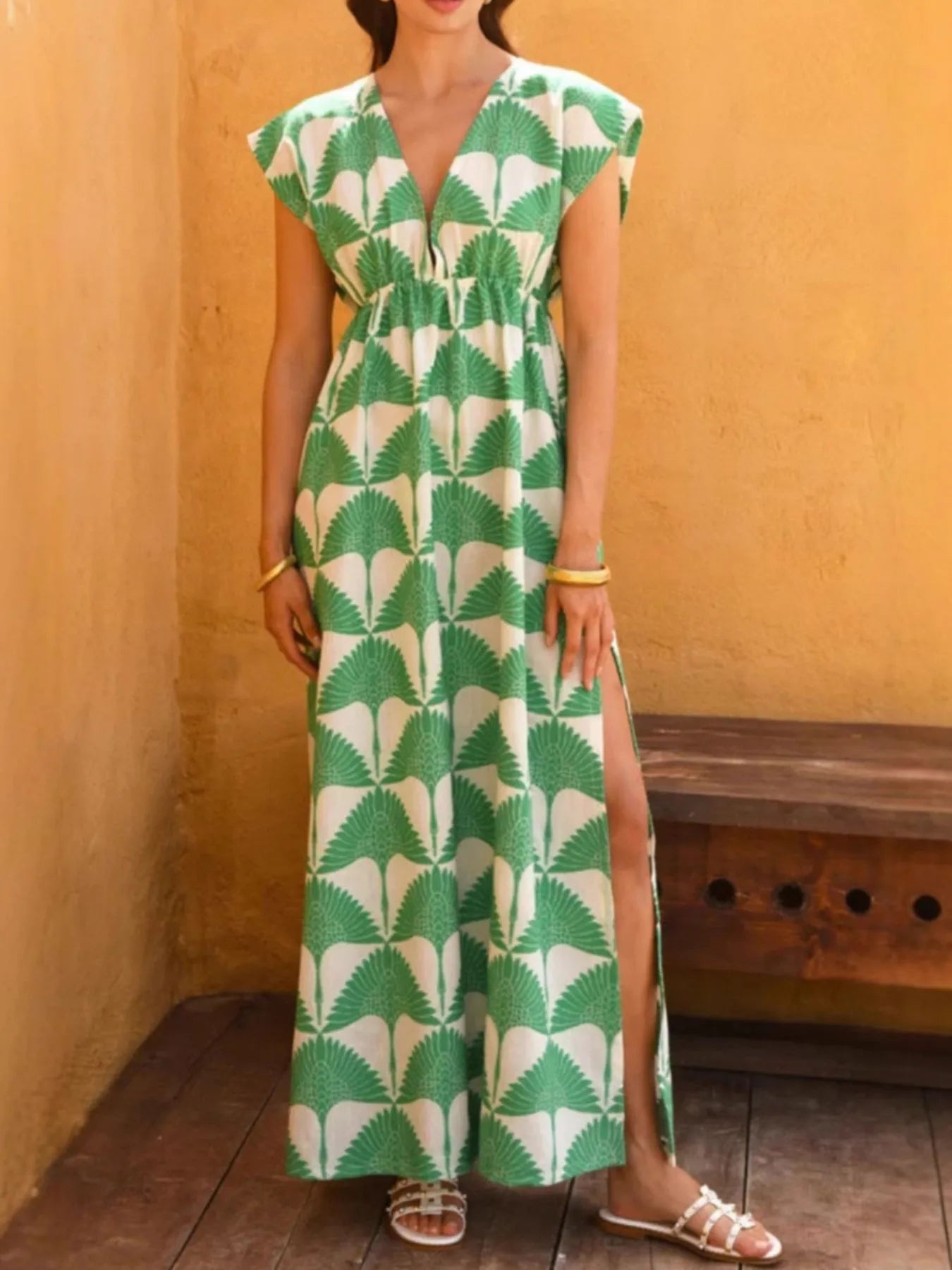 Slit Printed V-Neck Cap Sleeve Maxi Dress.