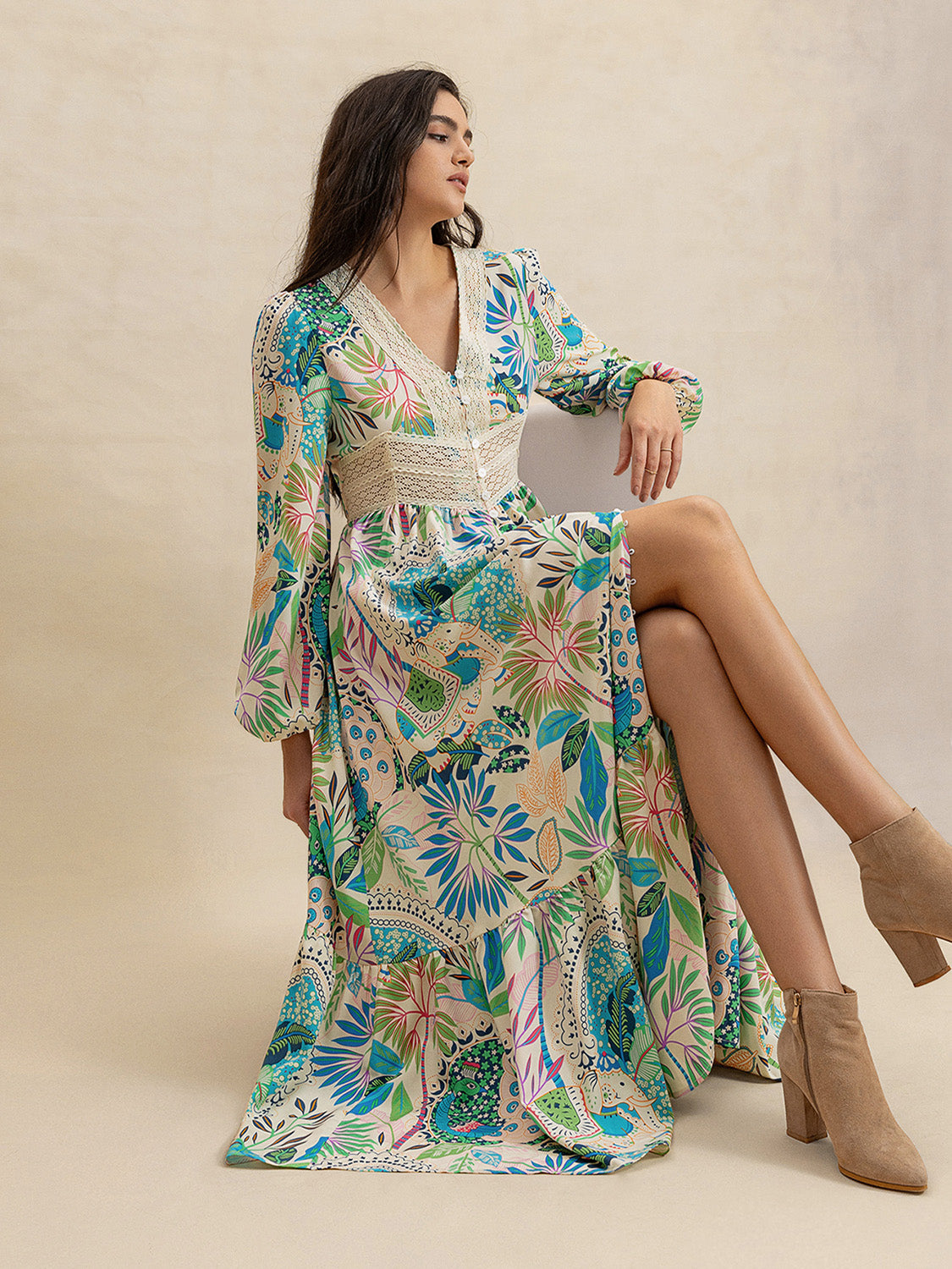 Slit Printed V-Neck Long Sleeve Midi Dress.