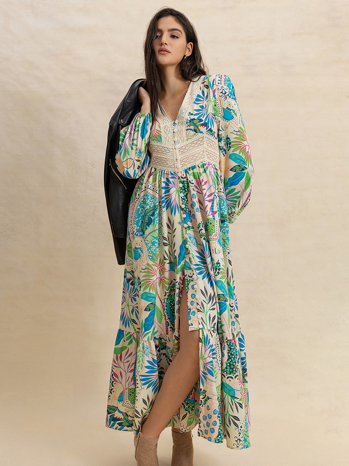 Slit Printed V-Neck Long Sleeve Midi Dress.