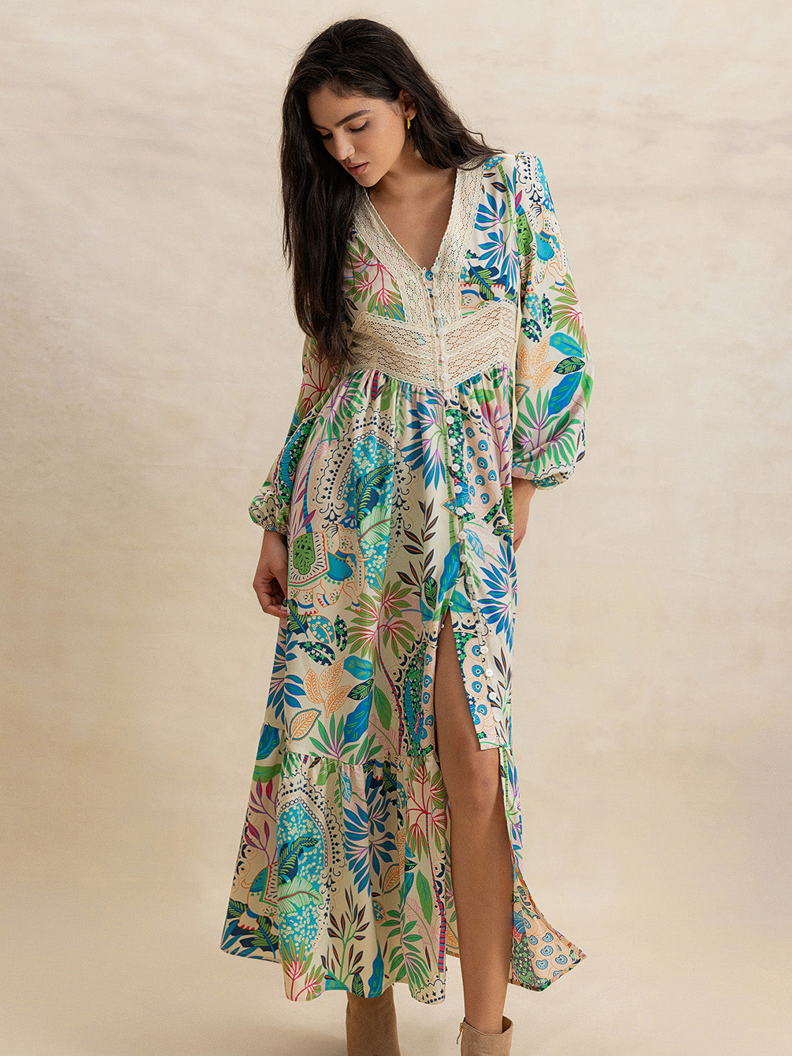 Slit Printed V-Neck Long Sleeve Midi Dress.