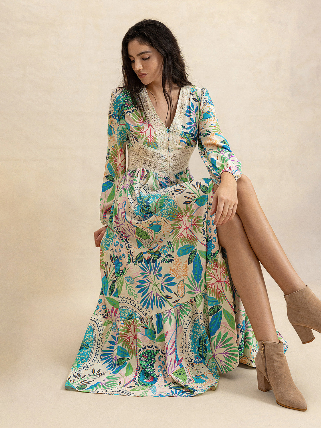 Slit Printed V-Neck Long Sleeve Midi Dress.