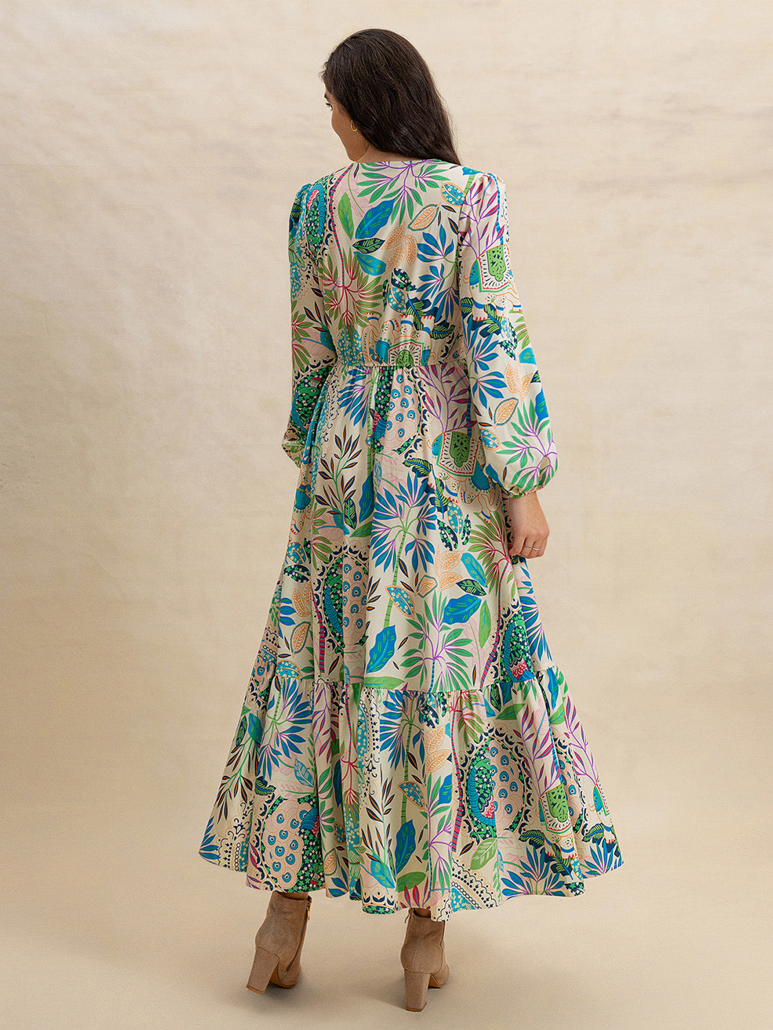 Slit Printed V-Neck Long Sleeve Midi Dress.