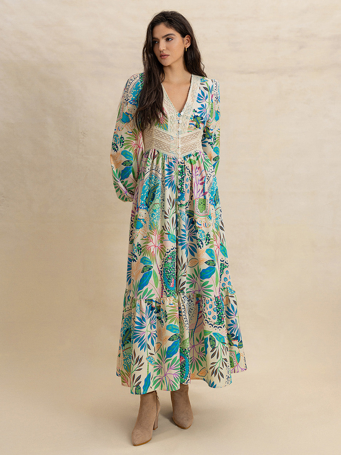 Slit Printed V-Neck Long Sleeve Midi Dress.