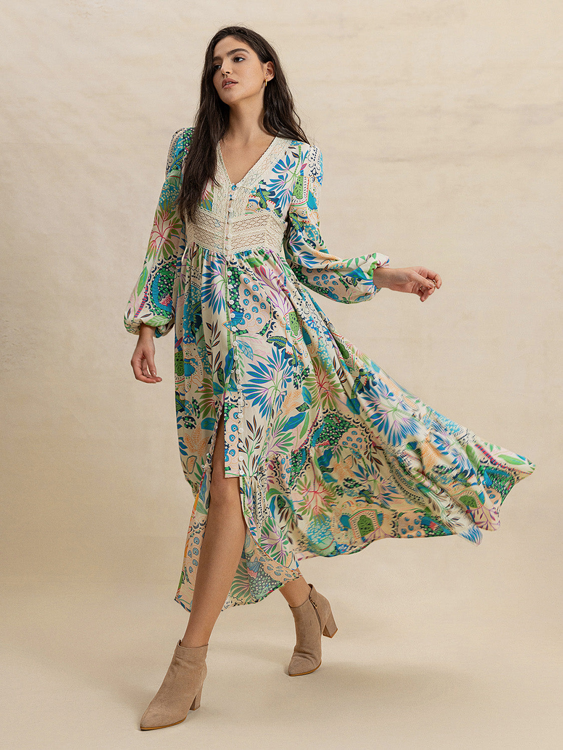 Slit Printed V-Neck Long Sleeve Midi Dress.