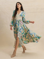 Slit Printed V-Neck Long Sleeve Midi Dress.